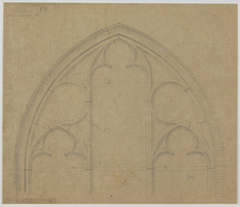 214566 Interieur van de Buurkerk te Utrecht: opstand van het ontwerp voor de tracering in het vierde venster aan de ...